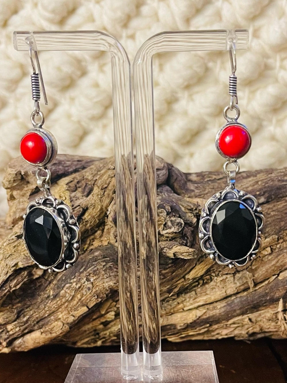 Black Onyx Coral 925 Sterling Silver Earrings